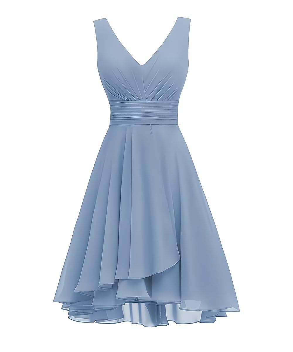 Wseyu Women's Steel Blue Double V Neck Wedding Bridesmaid Dress Chiffon Cocktail Prom Gowns For Juniors Uk18