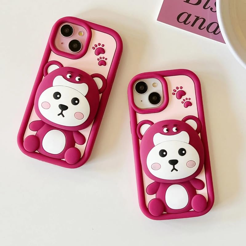 Image of COVERLY 3D Strawberry Bear Mirror Cartoon Stand Case,Premium Silicone Full Protective Case Cute Teddy Love Phone Holder Makeup Mirror Cute Kawaii Aesthetic Cover for Apple iPhone 14 Plus