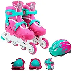 Patins Infantil Ajustável com Kit de Proteção, Capacete e Joelheiras, Rosa e Preto, Conjunto Completo para Iniciantes