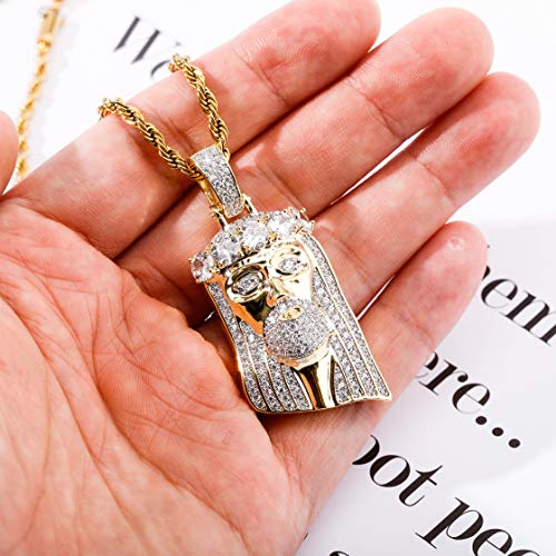 Topgrillz Men 14K Gold Plated Iced Out Cz Simulated Diamond Big Stones Crown Jesus Piece Pendant Necklace With Stainless Steel Chain Hip Hop (5 Big Stones) #TOP4
