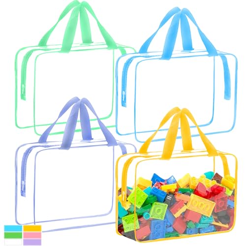 4 Packs Extra Large Toy Storage Bags with Zipper, Reusable Clear Plastic Toy Organizer Bag with Labels for Blocks, 11.8″×8.6″×3.9″ Travel Waterproof Organizer Bags for Puzzles, Cosmetics(4 Colors)
