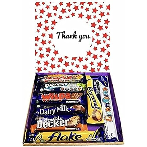 Red Thank You Cadburys Sweet Box Birthday Chocolate Lover Gift Box Hamper - 8 Full Size Bars Dairy Milk Crunchie Curly Wurly ect Cover