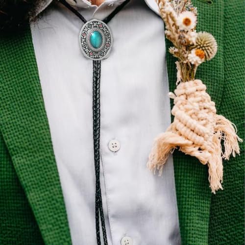 Image of AZORA Western Cowboy Bolo Tie Men Leather Necktie Leather Cord Turquoise Stone Bolo Ties for Men Women