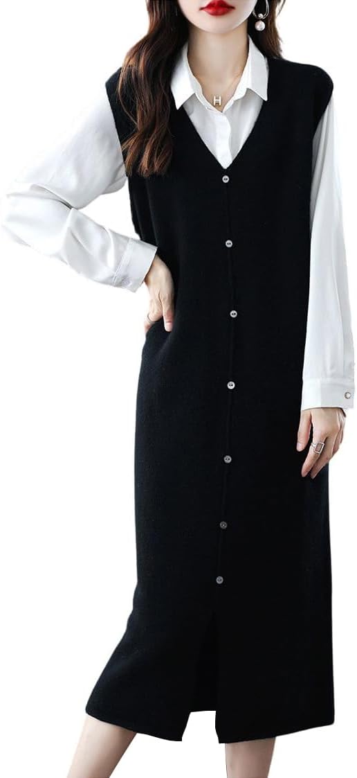 chouyatou Women's Sweater Vest Long Dress Elegant Below Knee Knitted Overall Dress Sleeveless Jumper Midi Dress