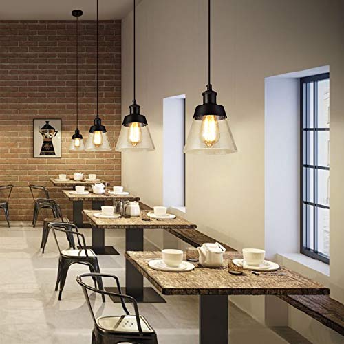Industrial Glass Pendant Light with Handblown Clear Seeded Glass Shade, One-Light Adjustable Rustic Mini Pendant Lighting Fixture for Kitchen Island Cafe Bar Farmhouse, Black - Image 3