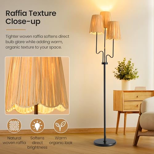 Image of Raffia Floor Lamp, 68in. Dimmable Boho Floor Lamps with Natural Raffia Shade, 3-Light Standing Lamp with Weighted Base, Soft Uplight for Living Room, Bedroom, Reading Corner (Dimmable-Raffia Shade)