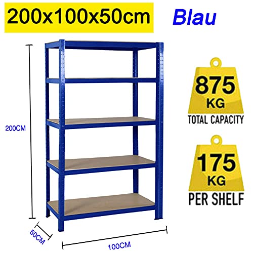 Scaffalatura in metallo, 200 x 100 x 50 cm, con 5 ripiani regolabili, portata fino a 875 kg, design senza bulloni, facile da montare per garage, officina, dispensa, blu