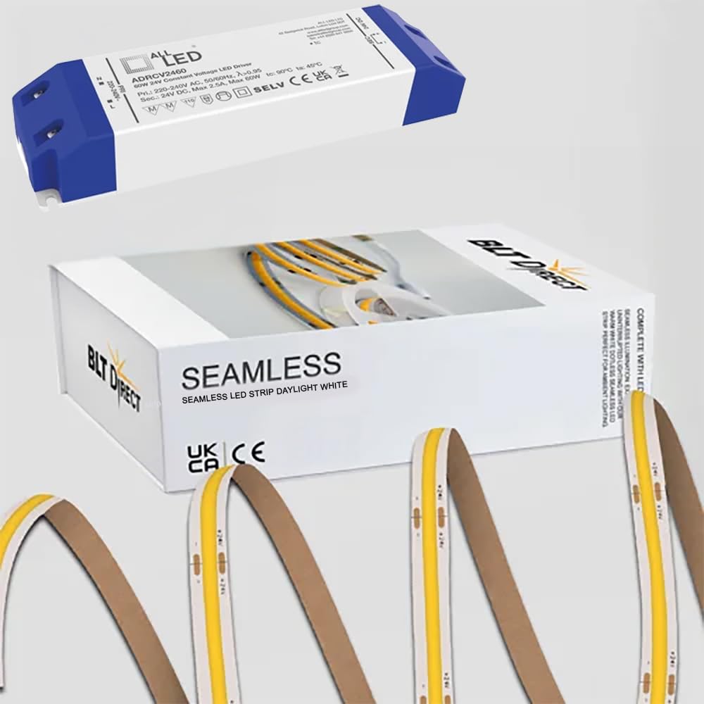 4 Meter LED Strip Kit (C/W Driver) - 8mm Seamless COB 24V IP20 Dotless Daylight - DIY/Professional Installations – 10W Per Metre – Energy-Efficient Strip Light with Driver (Daylight)