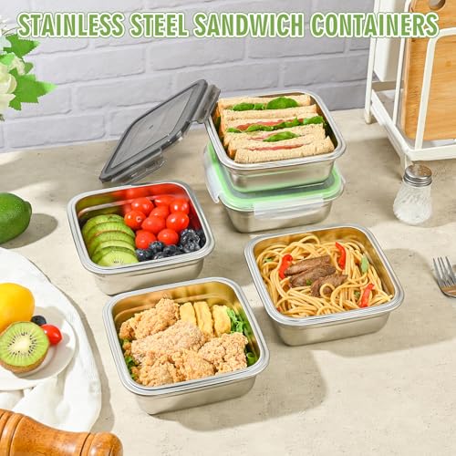 Image of 2 Pack Sandwich Containers, 24oz Stainless Steel Sandwich Box with Airtight Lids, BPA-Free, Dishwasher Safe, Durable & Reusable Metal Meal Prep Lunch Boxes for Fruits, Snacks, Bento (Green)