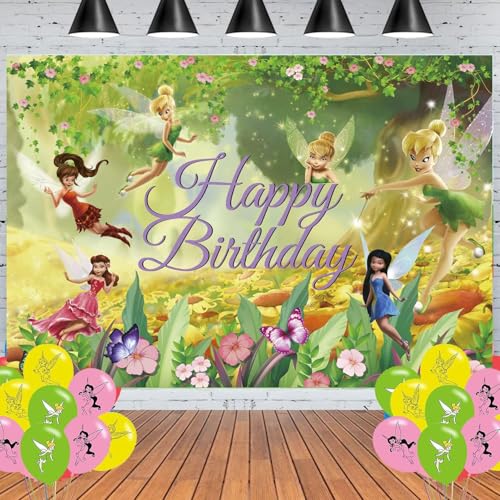Image of Tinker Bell Birthday Party Banner Backdrop, Fairy Flower Decorations for Kid Party Supplies Happy Birthday Banner Princess Fairy Teme Decorations Photography Background