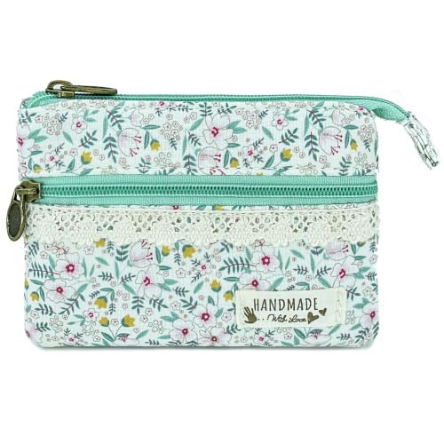 Image of Women Small Zipper Coin Purse, Handmade Fabric Flower Embroidered Change Pouch, Cotton Double Zipper Wallet