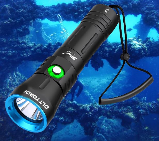 DLLTORCH Dive Lights 262ft Waterproof Diving LED Flashlight Underwater Submarine Light, Black Small LED Flashlight 3500Lumen Super Bright Dive Light for Diving, Camping, Hiking Safety at Night