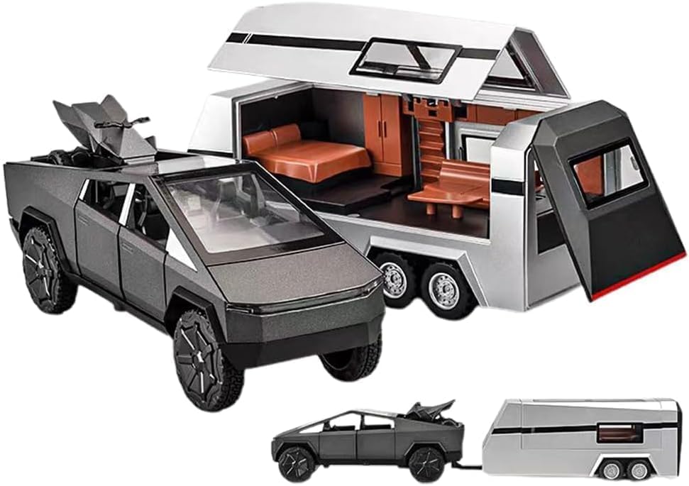 Image of WORSHIPER 1:32 Scale Die-Cast Tesla CyberTruck with Pick-Up Trailer with 6 Openable Doors Pull Back Action,Lights & Music Best Vehicle Gift for Kids?Pack of 1?