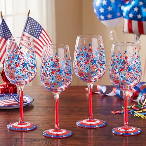 SiliFine 4 Pcs 4th of July Independence Day Party Stemmed Wine Glasses Hand Painted Drinking Cup Wine Glasses Gifts for Birthday Theme Holiday Party Supplies