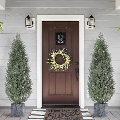 GarveeHome 5 Ft Artificial Topiary Trees Set of 2, Uv Resistant Faux Cedar Porch Tree with Decorative Grass, Potted Fake Evergreen Cypress Plants for Indoor Outdoor Decorations