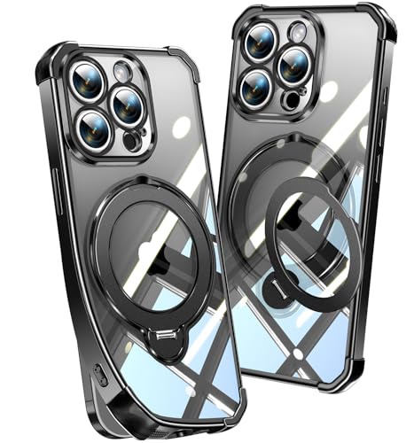Image of Soft Case for iPhone 15 Pro with 360 Rotating Magnetic Stand, Compatible with Mag-Safe, 4X MIL-Drop Protection, Lightweight Glossy Anti-Yellowing Clear Back Phone Cover for iPhone 15 Pro 6.1 inch, Black