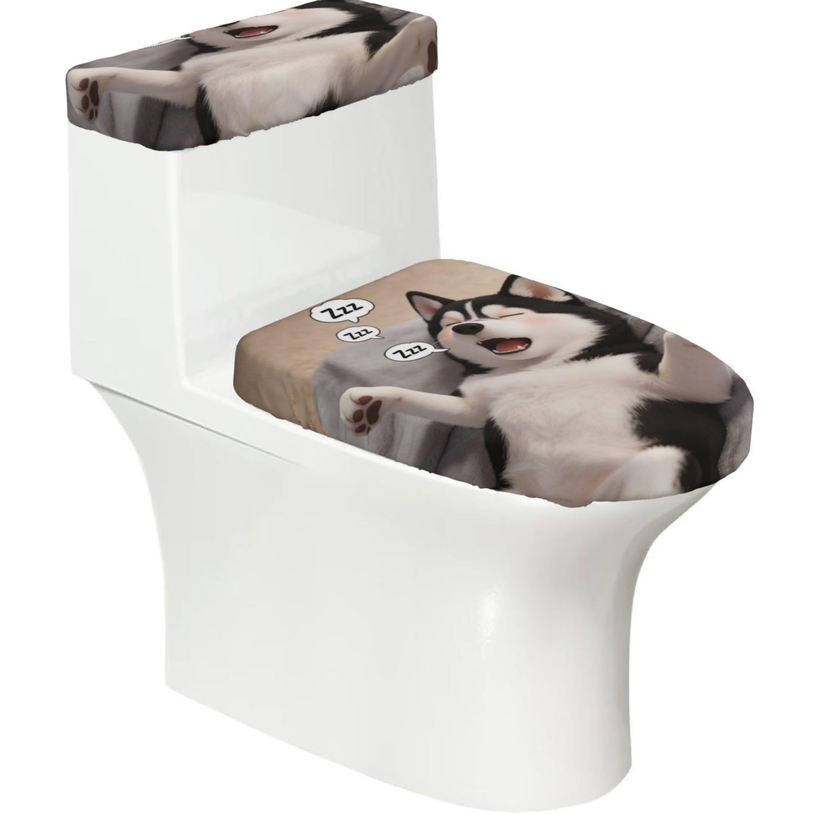 Husky Snoring Elastic Toilet Cover Set of 2-Stretchy Lid and Tank Covers for Bathroom, Soft Washable U Shape Toilet Decor