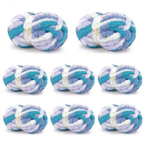 Image of Chunky Yarn for Hand Knitting, Chunky Chenille Blanket Yarn for Crocheting, Bulky Soft Fluffy Chenille for Blanket Project, 8 Pack of 8oz /25yds, Peacock Blue + Light Purple