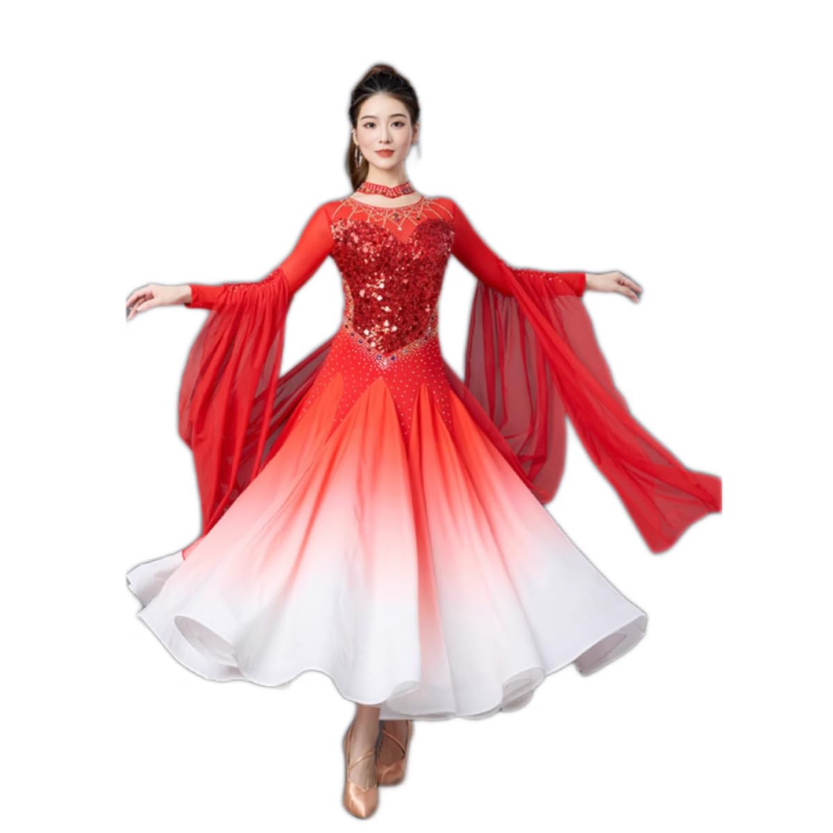Turnierkleid Für Standardtänze Damen Auftrittskleid Mit Farbverlauf Für Walzer Und Tango Glitzerndes Paillettenkleid Für Modern Dance Mit Fließendem Weitem Schwung