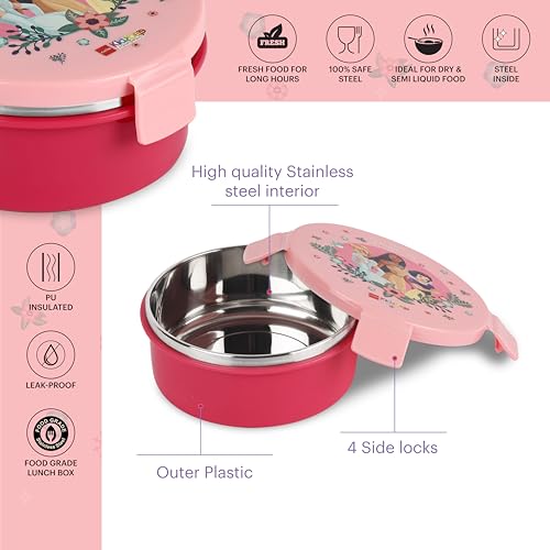 Image of CELLO Kidzbee Pluto Dream Weavers Insulated Kids Lunch Box, Pink | Silicone Food-Grade Seal Lid | 3D Touch & Feel Designs Tiffin | Leak Proof & Secure 4 Sided Click Locks | Ideal for School & Picnic