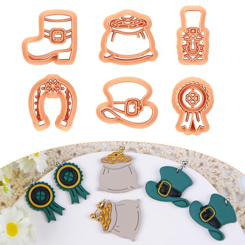 Puocaon Leprechauns Polymer Clay Cutters - 6 Pcs Clay Cutters for St Patrick Day, Top Hat Gnome Coin Bag Clay Cutters for Polymer Clay Jewelry Earrings Making, Medal Boot Clay Earring Cutters Set