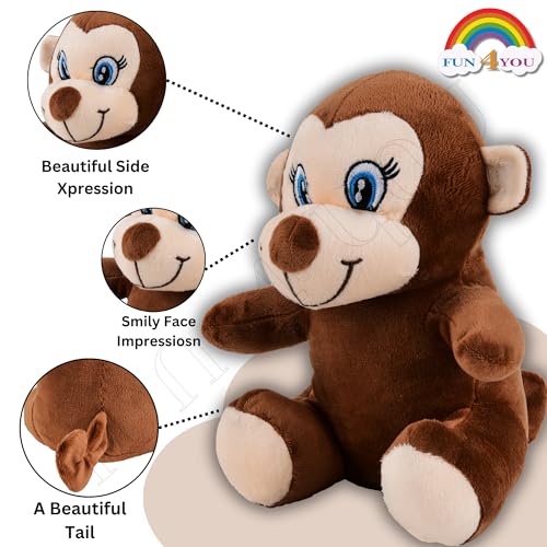 Image of Fun4you Monkey Plush Toy 25cm - Soft Stuffed Animal for Kids | Cute Monkey Cuddly Gift for Baby Boys & Girls | Playtime Fun Companion (Brown)