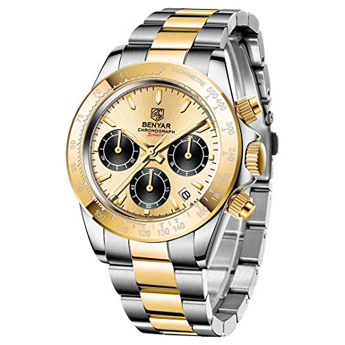 BENYAR Classic Fashion Business Chronograph Casual Stainless Steel Strap Men's Watches (Golden Black)