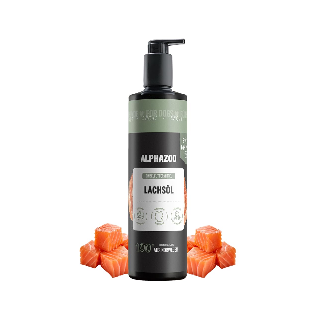 alphazoo Lachsöl für Hunde 250 ml – kaltgepresstes Omega‑3 & ‑6 Fischöl aus Norwegen, Barf‑geeignet, Fellpflege, natürlich & in Deutschland abgefüllt