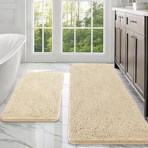 Image of OLANLY Bathroom Rugs Sets 2 Piece, Soft Absorbent Chenille Bath Mats Area Rug Set, Non-Slip, Quick Dry, Machine Washable Bath Mats for Bathroom, Home Decor Accessories (47 inchx20 inch+30 inchx20 inch, Beige)