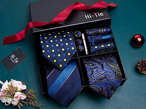 Image of Hi-Tie 3 Pcs Gift Box Mens Tie Set Necktie with Pocket Square Cufflinks Lapel Pin Silk Neck Tie Collection