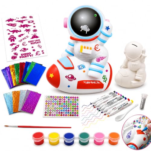 Image of PLUSPOINT DIY Astronaut Coin Bank Painting Kit for Kids Paint Your Own Space Piggy Bank Craft Set with 6 Paints, 12 Magic Floating Pens, Metallic Foils, Stickers, Gems & Glitter, Creative Gift Age 5+