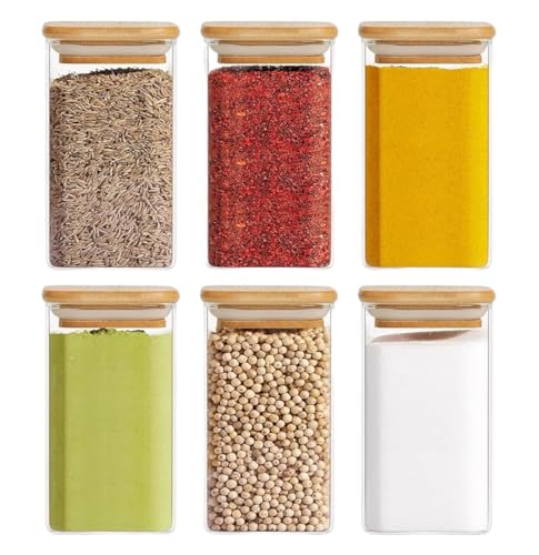 Image of MARTVIA Glass Food Storage Jars With Bamboo Lids 350Ml Set of 6,Wide Mouth Lid Jar For Home Kitchen,Flour,Sugar,Coffee,Pasta,Oats,Grains,Cookies,Snacks (Sqaure,SET OF 6),Transparent