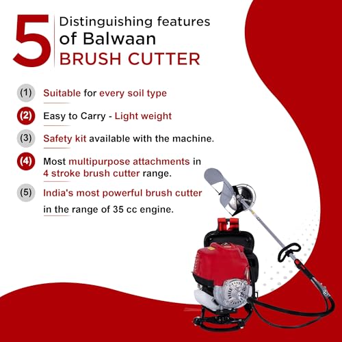 Image of Balwaan Krishi Brush Cutter | 35CC 4-Stroke Backpack Machine | Comes with 5 Attachments | 1 Year Warranty | Suitable for Grass Trimming, Lawn Trimming, Weeding & Cutting | Ariculture Machine | BX-35B