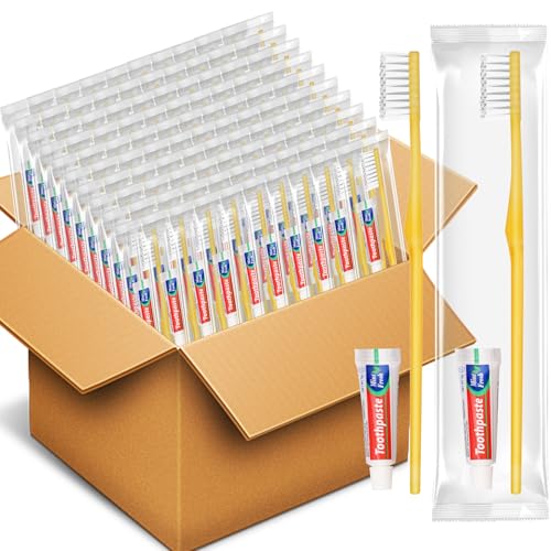 HOFASON Disposable Toothbrushes with Toothpaste Pack of 200 Bulk Travel Toothpaste and Toothbrush Set Yellow Hollow Toothbrush 5g Tooth Paste Individually Wrapped for Homeless Shelter Charity Hotel
