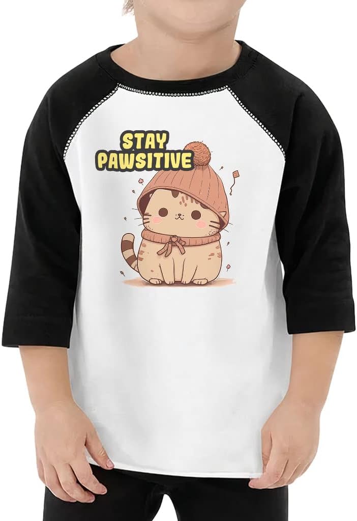 Stay Pawsitive Toddler Baseball T-Shirt - Graphic 3/4 Sleeve T-Shirt - Funny Kids' Baseball Tee