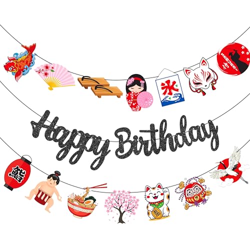 LUCKYQUBE Japanese Themed Happy Birthday Banner Set Pre-strung Japan Style Party Bunting Garland with Koi Fish Double-sided Fox Mask Asian Birthday Party Decorations for Japanese Birthday Party Supplies