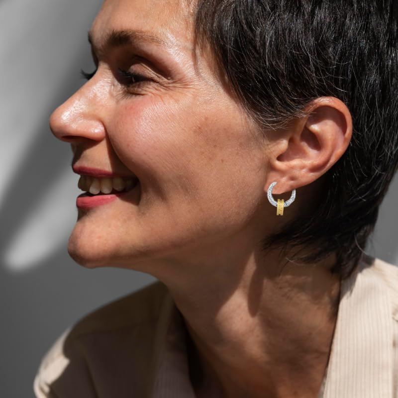 Two Tone Small Hoop Huggie Earrings, Gold&Sliver Earrings|Sun Hoop Earrings|Star Cross Dangle with CZ|Square Shell Drop Stud Earrings|14K&18K Gold-Plated Earrings Jewelry Women Birthday Gifts - Image 6