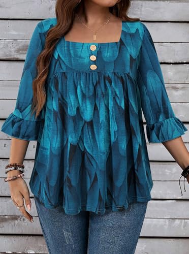Plus Size Womens Blouses 3/4 Flutter Sleeve Square Neck Tunic Shirts Button Business Work Fall Tops 2025(XL-5XL)