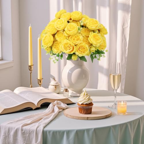 Image of 8 Pack Yellow Peonies Artificial Flowers, Fake Silk Hydrangea Bouquet for Bridal Wedding Home Table Decor Reusable Dining Opening Ceremony Birthday Arrangement Faux Floral