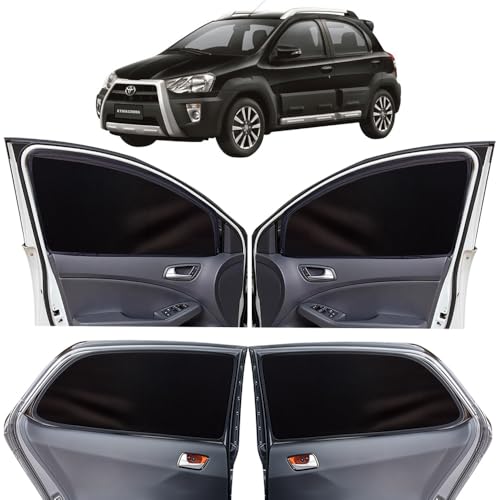 Image of OTO2EYE Car Sun Shade Compatible for Toyota Etios Cross Model-2014-2020, Z-Black Super Magnetic Grip, Front Window Zipper, Side Window Curtains, 4 Pieces Set