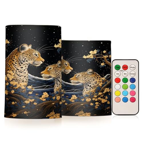 Image of Lights Flameless Candles Golden Leopard Pillar Candles Set of 2 Battery Operated Remote Control Warm Lights Home Decor