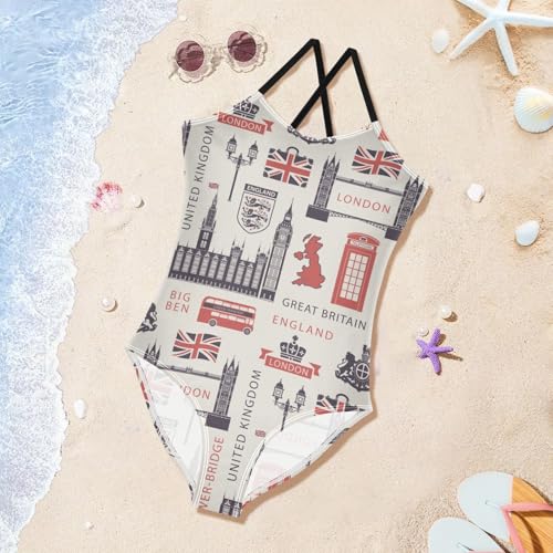 susiyo Girls One Piece Swimsuits UK London Theme British Symbols Bathing Suit Quick Dry Beach Swimwear for Toddler Girl 3-10T4