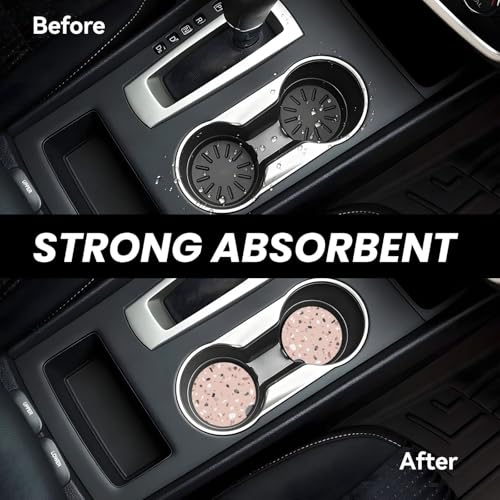 Image of Pink Terrazzo Car Coasters for Cup Holder Absorbent Ceramic Cup Coaster 2 Pack Anti Slip Car Interior Accessories with Finger Notch Cork Base for Women Men 2.56 inch
