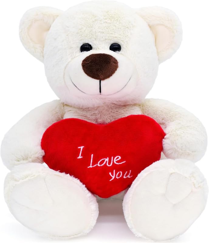 Image of 14'' Teddy Bear with Red Heart, Soft Plush Bear Doll Stuffed Animal Toys Valentines Day Decor Girlfriend Lover Mom Kids (White)