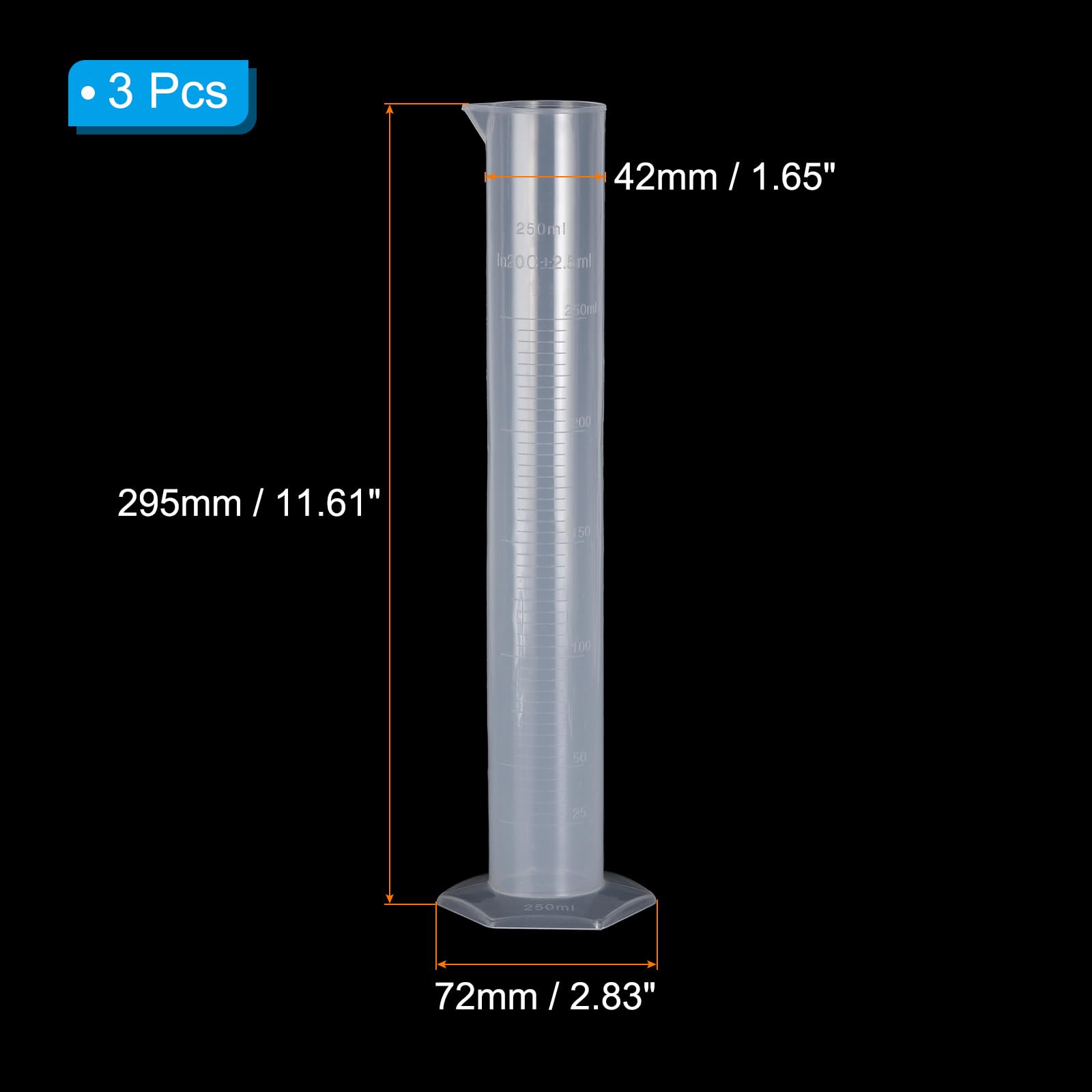 PATIKIL 250ml PP Plastica Cilindro Graduato 3 Pacco Esagonale Base Bianco Graduazione Misurazione Cilindro per Laboratorio Casa Utilizzo Trasparente Bianco