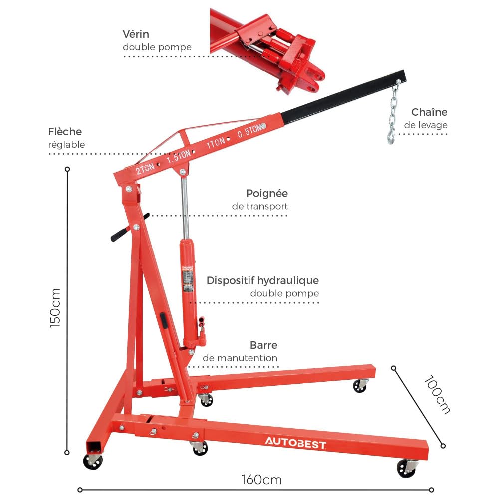 Autobest Grue d'atelier Pliante - 2 tonnes