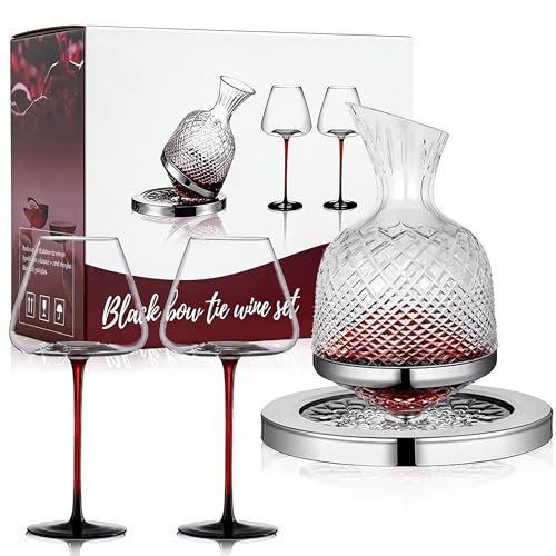 Luxury Glass Wine Decanter Set with 2 Crystal Glasses - 1500ml 360 Rotating Design for Fast Aeration Lead-Free Red Wine Carafe Gift Box for Wedding Anniversary Retirement Wine Enthusiasts