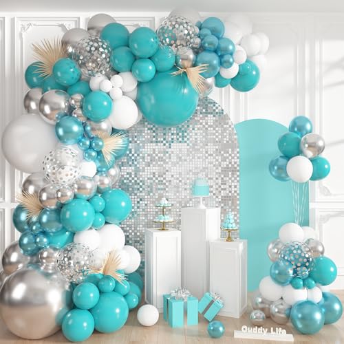 Ouddy Life Teal Silver White Balloons Arch Kit 152 Pcs Turquoise Blue White Metallic Teal Silver Confetti Balloon for Wedding Bridal Baby Shower Birthday Anniversary Graduation Party Decorations