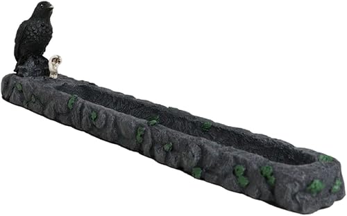 Miniatura 3 de Ebros Gift Edgar Poe The Nevermore Raven Crow Perching Graveyard Tombstone con calavera y esqueleto mano quemador de incienso o soporte figura