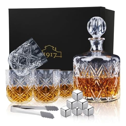 Crystal Whiskey Decanter Set for Men, Premium 37 Oz Decanter with 4 Whiskey Glasses, Whiskey Stones, Tongs - Classic Liquor Decanter for Scotch, Bourbon, Vodka, and More - Perfect for Home Bar